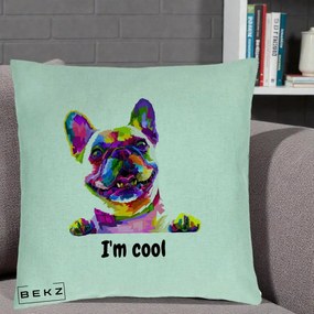Perna Personalizata Bulldog Francez I'm Cool, 40x40 cm, Verde Menta, Husa Detasabila, Perna Inclusa, BEKZ®