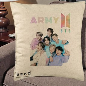 Perna Personalizata K-pop BTS ARMY Fotografie Grup Veseli, 40x40 cm, Bej, Husa Detasabila, Perna Inclusa, BEKZ®