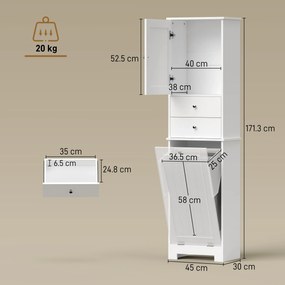 HOMCOM Dulap Baie Înalt și Îngust cu Coș pentru Rufe Înclinabil, Culoare Alb. | Aosom Romania