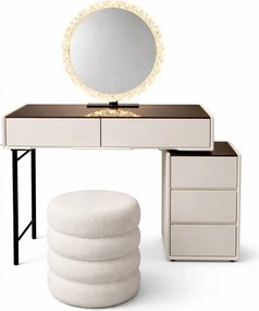 RESIGILAT- Set EMILY, Masă de toaletă pentru machiaj cu oglindă iluminată LED, în trei culori, intensitate reglabilă, control touch, comoda, taburet, 80 cm, Alb