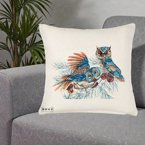 Perna Decorativa Bufnite de Iarna Albastre, 40x40 cm, Crem Reliefat, Husa Detasabila, Perna Inclusa, BEKZ®