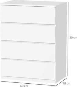 HOMCOM Comodă cu 4 Sertare, Organizator de Depozitare cu Ghidaje Metalice și Mânere cu Caneluri, 60x40x80 cm, Alb | Aosom Romania