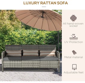 Outsunny Canapea pentru Exterior Gradina sau Terasa cu 3 locuri dim Ratan cu perne si dungi, Gri 173x68x78cm