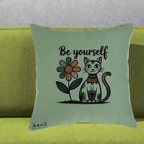 Perna Personalizata Be Yourself Pisica Folk, 40x40 cm, Verde, Husa Detasabila, Perna Inclusa, BEKZ®