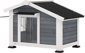 PawHut Căsuță pentru câini rezistentă la intemperii din lemn cu podea detașabilă, acoperiș din asfalt, fereastră rabatabilă 98x76x69,5 cm gri | Aosom Romania