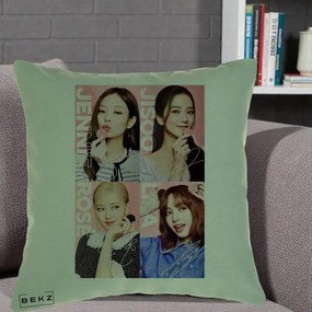 Perna Personalizata K-pop BLACKPINK Colaj 4 Portrete cu Semnature, 40x40 cm, Verde, Husa Detasabila, Perna Inclusa, BEKZ®