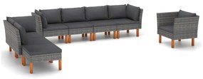 Set mobilier gradina 8 piese gri poliratan lemn de eucalipt Gri, 3x canapea de colt + 3x canapea de mijloc + fotoliu + suport pentru picioare, 1