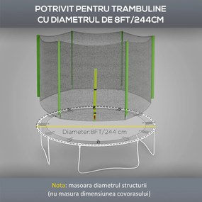 SPORTNOW Plasă Protecție Trambulină Rotundă 244cm cu 6 Stâlpi Drepti Rezistentă Negru/Verde | Aosom Romania