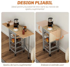 HOMCOM Cărucior de Bucătărie din Lemn și Metal cu 3 Coșuri, Sertar și Clapete, 37x37x77.5 cm, Gri | Aosom Romania