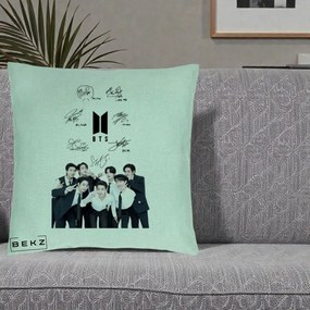 Perna Personalizata K-pop BTS Autografe Toti Membrii cu Fotografie, 40x40 cm, Verde Menta, Husa Detasabila, Perna Inclusa, BEKZ®