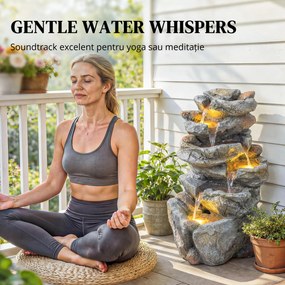 Outsunny Fântână de exterior cu design de rocă în 6 niveluri, cascadă de apă cu lumini LED, debit reglabil, gri | Aosom Romania