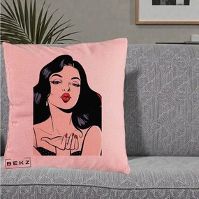 Perna Decorativa Femeie Pop-Art Kiss, 40x40 cm, Roz, Husa Detasabila, Perna Inclusa, BEKZ®
