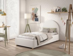Pat tapițat pentru copii MOON, 90 x 200 cm, alb, cu țesătură bouclé și spațiu de depozitare – Vipack