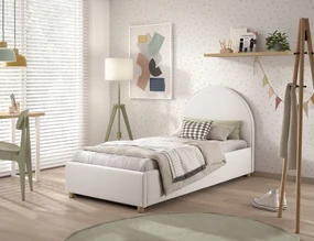Pat tapițat pentru copii MOON, 90 x 200 cm, alb, cu țesătură bouclé și spațiu de depozitare – Vipack
