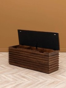 Banchetă din piele naturală cu structură și spațiu de depozitare din lemn de acacia, maro antichizat, finisaj lucios, 110×40,5×36 cm, „Leya"
