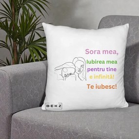 Cadou pentru Sora - Perna Personalizata Sora Mea Te Iubesc Line Art Fete Colorate Brate Ridicate, 40x40 cm, Alb Pufos, Husa Detasabila, Perna Inclusa, BEKZ®