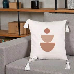 Perna Decorativa Geometric Boho Semicerc Stivuit, 40x40 cm, Bej cu Franjuri, Husa Detasabila, Perna Inclusa, BEKZ®