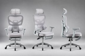 Scaun ergonomic, Suport Lombar 3 Zone Dinamice, Spătar ajustabil pe inaltime, cotiere 3D, tetiera 3D, suport pentru picioare, umeras, pivotant, Mesh, Gri