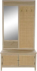 Cuier de hol din lemn de paulownia și rattan cu oglindă și banchetă cu depozitare, 92×40×181 cm, „Perchero"
