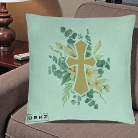 Perna Personalizata Cruce Florala Botez, 40x40 cm, Verde Menta, Husa Detasabila, Perna Inclusa, BEKZ®