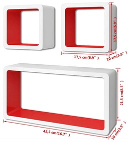 3 Rafturi de tip cub din MDF pentru carti DVD-uri, alb-rosu 3, Rosu
