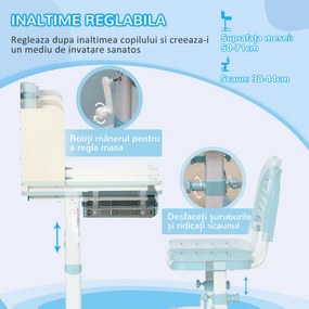 HOMCOM Set Birou și Scaun pentru Copii Reglabile, Inclinabilă la 60° cu Sertar, Rafturi și Suport, 3+ Ani, Albastru | Aosom Romania