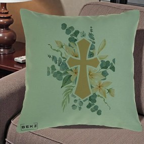 Perna Personalizata Cruce Florala Botez, 40x40 cm, Verde, Husa Detasabila, Perna Inclusa, BEKZ®