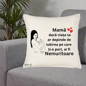 Cadou pentru Mama - Perna Personalizata Mama Nemuritoare Linie, 40x40 cm, Crem Reliefat, Husa Detasabila, Perna Inclusa, BEKZ®