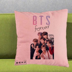 Perna Personalizata K-pop BTS Forever cu Foto Grup Negru, 40x40 cm, Roz, Husa Detasabila, Perna Inclusa, BEKZ®