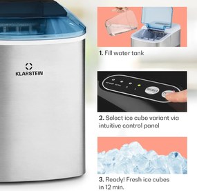 Klarstein ON-THE-ROCKS, aparat de gheață, LED-uri, | 12 kg la fiecare 24 de ore | 2,1 L | Oțel inoxidabil, culoare neagră