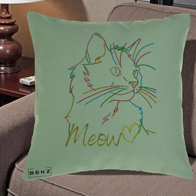 Perna Personalizata Pisica Meow Arta Linie Colorata, 40x40 cm, Verde, Husa Detasabila, Perna Inclusa, BEKZ®