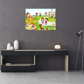 Tablou pe sticlă cu bucuriile copiilor în nisip (70x50 cm)