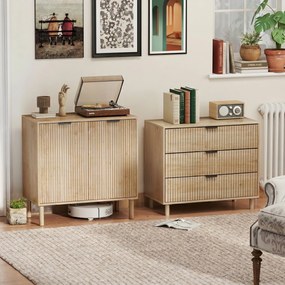 HOMCOM Comodă cu 3 Sertare, Picioare din Lemn Masiv și Design Canelat, 80x40x77,5 cm, Lemn Natural | Aosom Romania