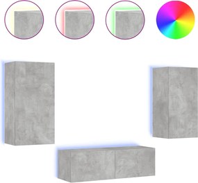 vidaXL Comode TV de perete cu lumini LED, 3 piese, gri beton