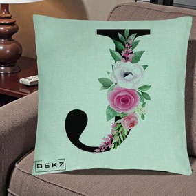 Cadou Personalizat - Perna Personalizata Monograma Florala Litera J, 40x40 cm, Verde Menta, Husa Detasabila, Perna Inclusa, BEKZ®
