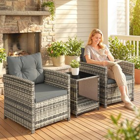 Outsunny Set mobilier exterior 3 piese din rășină împletită, masă și 2 fotolii cu perne, 62x65x75 cm, Gri deschis | Aosom Romania