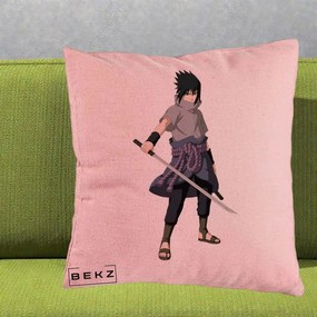 Perna Personalizata Naruto Sasuke Uchiha cu Sabia, 40x40 cm, Roz, Husa Detasabila, Perna Inclusa, BEKZ®