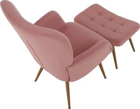 Fotoliu cu suport pentru picioare, ţesătură Velvet roz/stejar, HABEN