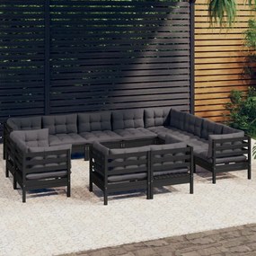 3096951 vidaXL Set mobilier grădină cu perne, 12 piese, negru, lemn masiv pin