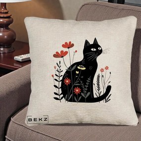 Perna Decorativa Pisica Neagra Flori Rosii Folk, 40x40 cm, Bej Canapea, Husa Detasabila, Perna Inclusa, BEKZ®
