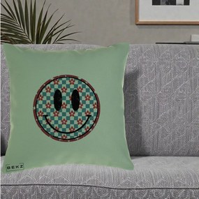Perna Decorativa Smiley Face Checkered cu Floricele, 40x40 cm, Verde, Husa Detasabila, Perna Inclusa, BEKZ®