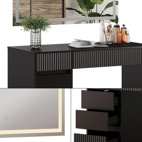 Masuta machiaj cu Oglinda LED si 5 Sertare pentru Cosmetice, Set Masa toaleta 120 cm, Negru, masuta cosmetica, vanity - SEN256