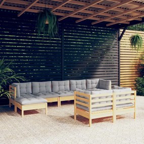 3097126 vidaXL Set mobilier de grădină cu perne gri, 9 piese, lemn masiv pin