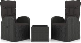 vidaXL Set șezlonguri grădină, 3 piese, negru, poliratan&oțel