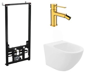 Pachet rama instalare Alca, bideu suspendat Rea Carlo alb si baterie bideu Invena Glamour auriu