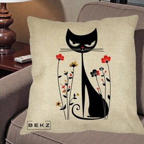 Perna Decorativa Pisica Neagra Grafica Flori Rosii, 40x40 cm, Crem, Husa Detasabila, Perna Inclusa, BEKZ®