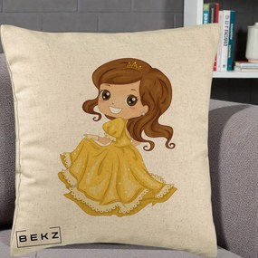 Perna Decorativa Printesa Bella Rochie Aurie, 40x40 cm, Bej, Husa Detasabila, Perna Inclusa, BEKZ®