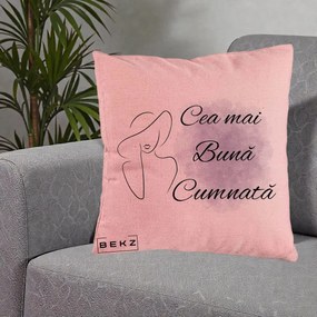 Cadou pentru Cumnata - Perna Personalizata Cea mai Buna Cumnata cu Silueta Dama si Pete Violet, 40x40 cm, Roz, Husa Detasabila, Perna Inclusa, BEKZ®