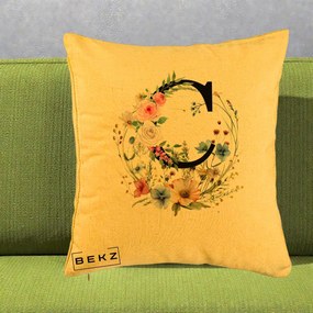 Cadou Personalizat - Perna Personalizata Monogram Litera C cu Flori Acuarela, 40x40 cm, Galben, Husa Detasabila, Perna Inclusa, BEKZ®