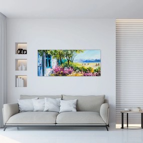 Tablou - Grădina din fața casei, pictură în ulei (120x50 cm)